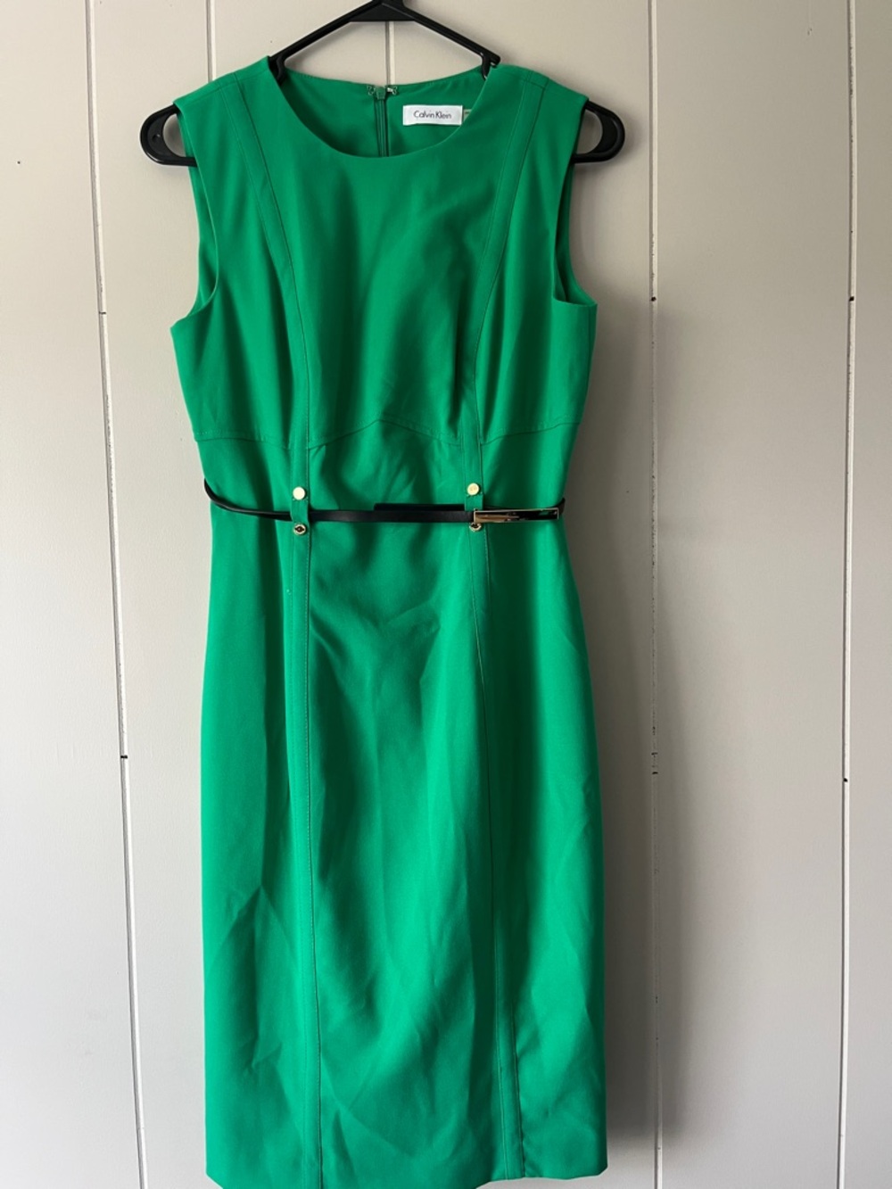 Calvin Klein Emerald Green Sleeveless Sheath Dress with Thin Black Belt
